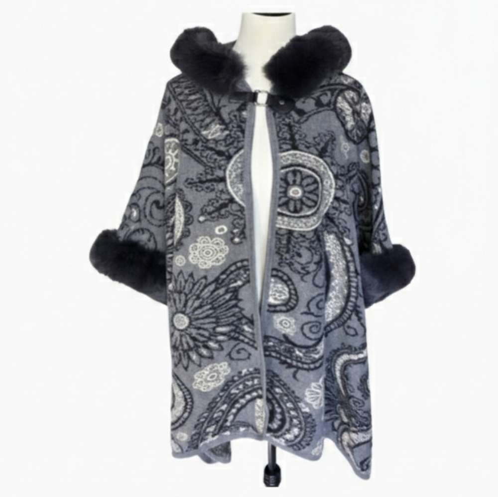 Paisley Faux Fur Trim Poncho Cape With Hood Gray Women's One Size Fits All NWT